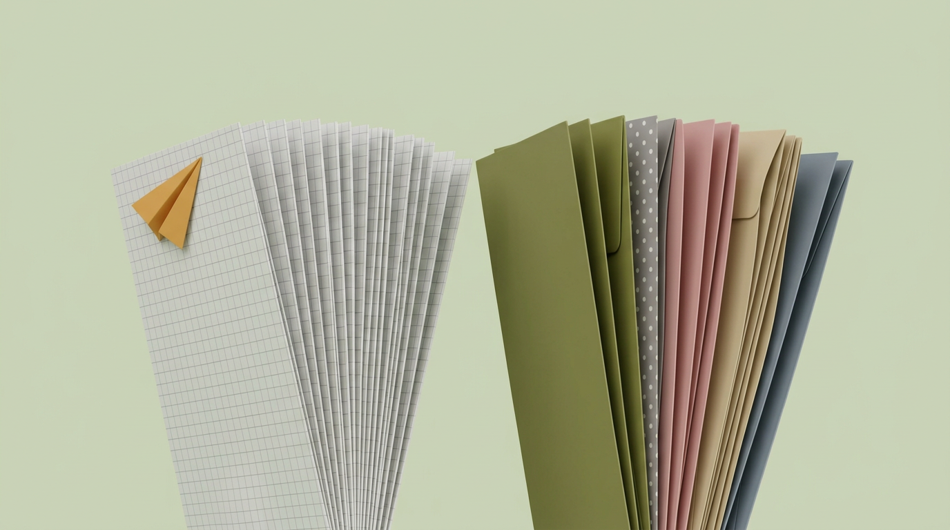 Two fanned stacks: grid-ruled paper with an amber paper-plane tag, and envelopes in olive, dotted grey, rose, sand and slate